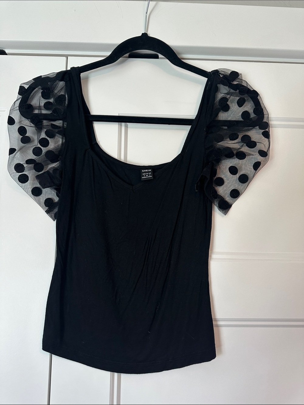 SHEIN Black Puff Sleeve Polka Dot Mesh Tee
